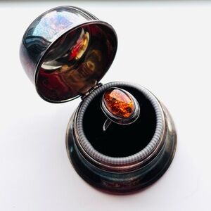 Vintage Genuine Baltic Amber 925 Silver  Cocktail Ring Warm Honey Brown 6.5